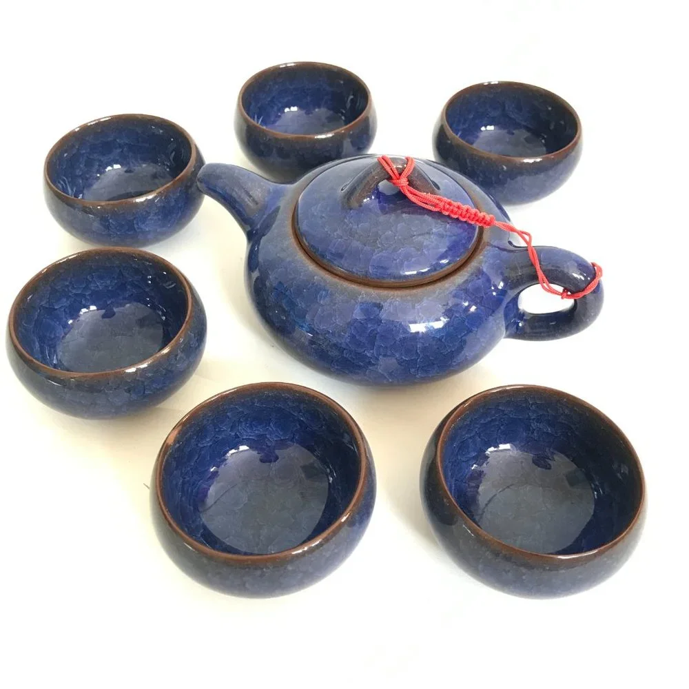 Asian Blue Ice Crackle Glazed Terracotta Teapot and Tea Cup Set - 7 Pieces - Picture 2 of 11